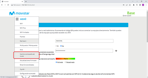 menu cambio de contraseña en router